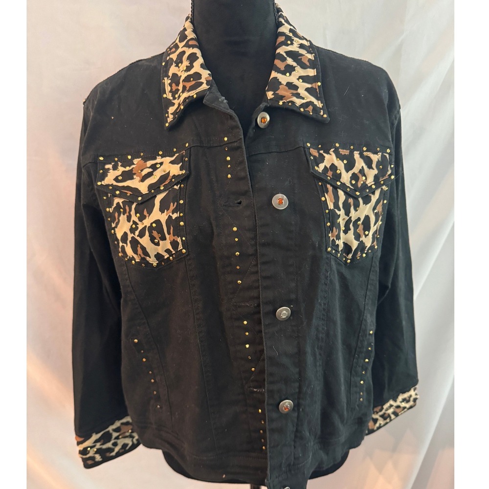 Janie New York Black Denim Jacket Leopard Print Studded Trucker Women Large